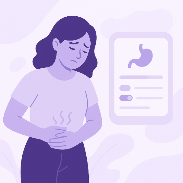 Illustration of digestive discomfort and a symptom questionnaire